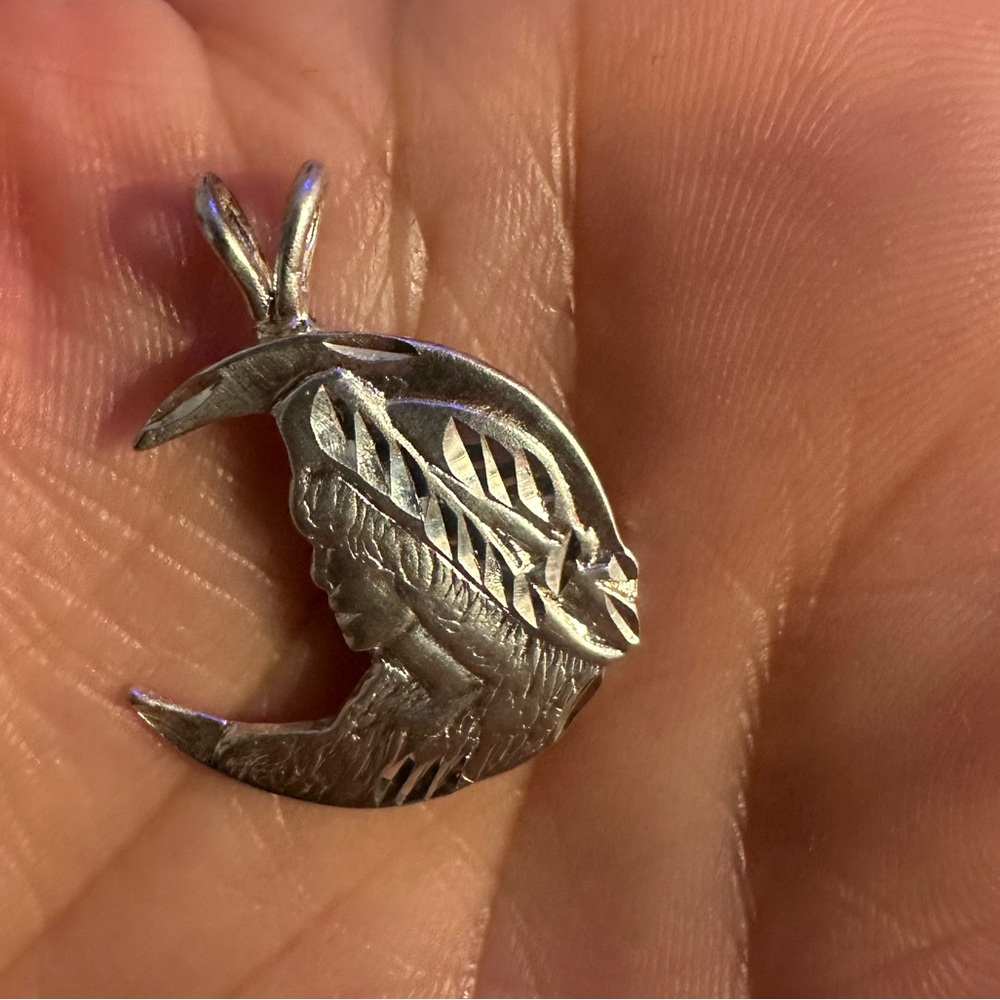 Sterling Silver 925 Crescent Half Moon Woman Wearing Hat Pendant vintage